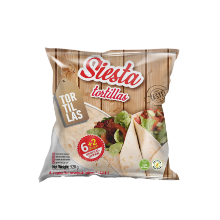 Συσκευασία τορτίγιας Siesta 6+2 τεμάχια, 25cm, 520g – 100% vegan, ιδανική για wraps και συνταγές με λαχανικά